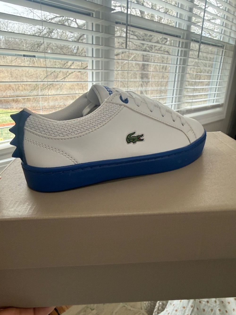 Lacoste Kids White Sneaker with Blue Sole and Heel Detail